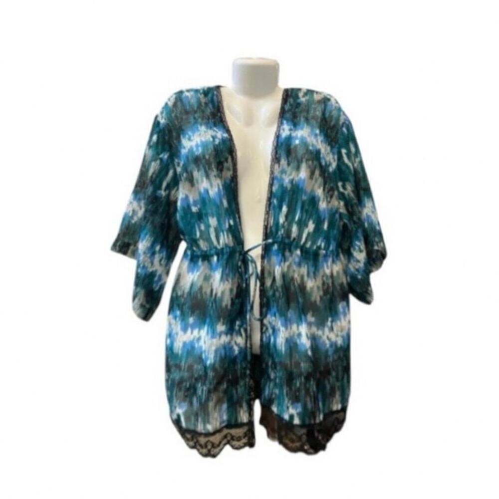 Marisa Christina Women's Multicolor Tie-Front Kimono Slv Cardigan W/ Lace SZ 1X